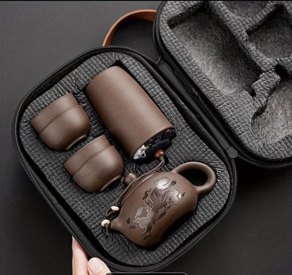 Travel Seven Piece, Tea, Set And Brown With Case Brand New